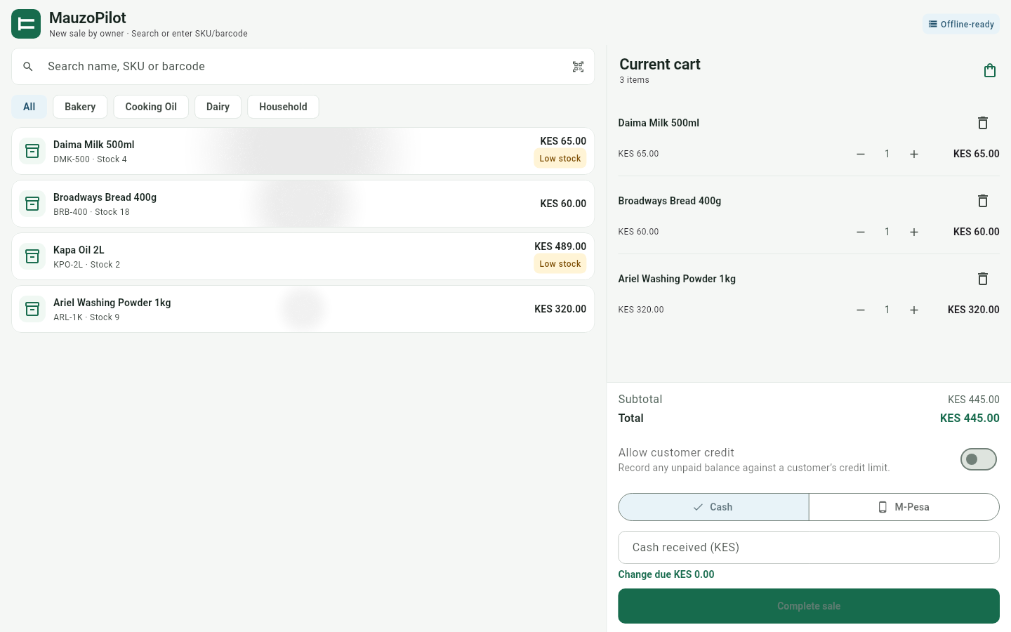 MauzoPilot checkout screen with product search, cart line items, and cash and M-Pesa payment options