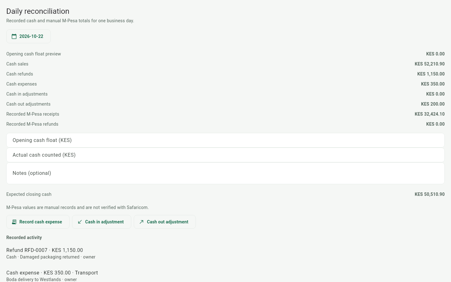 MauzoPilot reconciliation screen with opening float, counted cash, variance, and M-Pesa entries