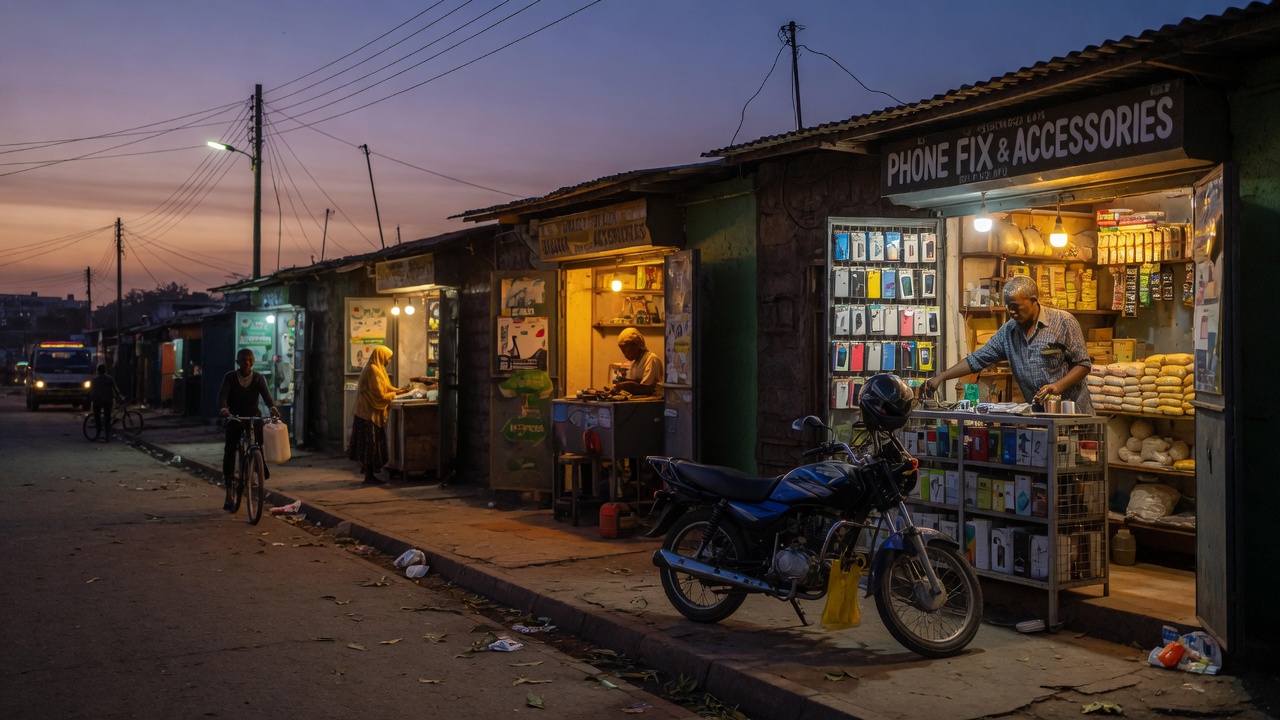 Neighborhood shops still open on a Nairobi street at dusk