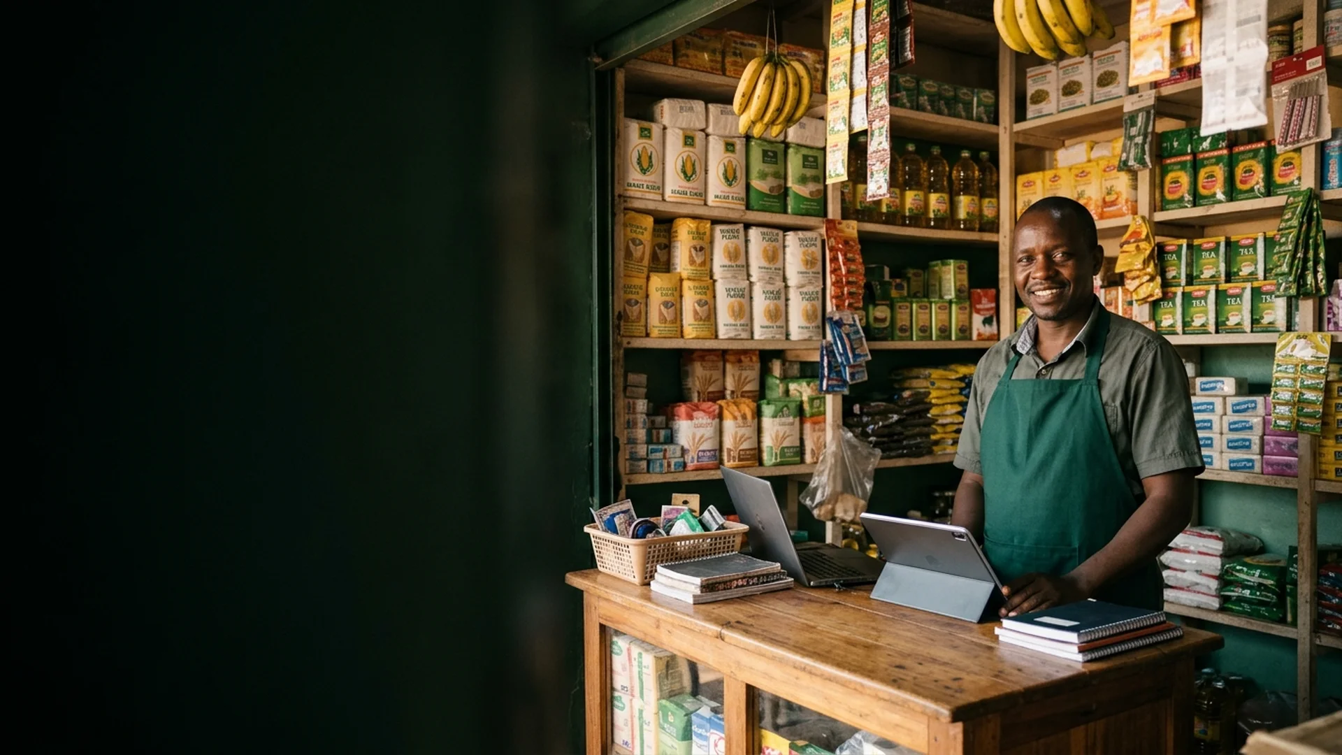 Approachable Kenyan shopkeeper at the counter of a well-stocked retail shop