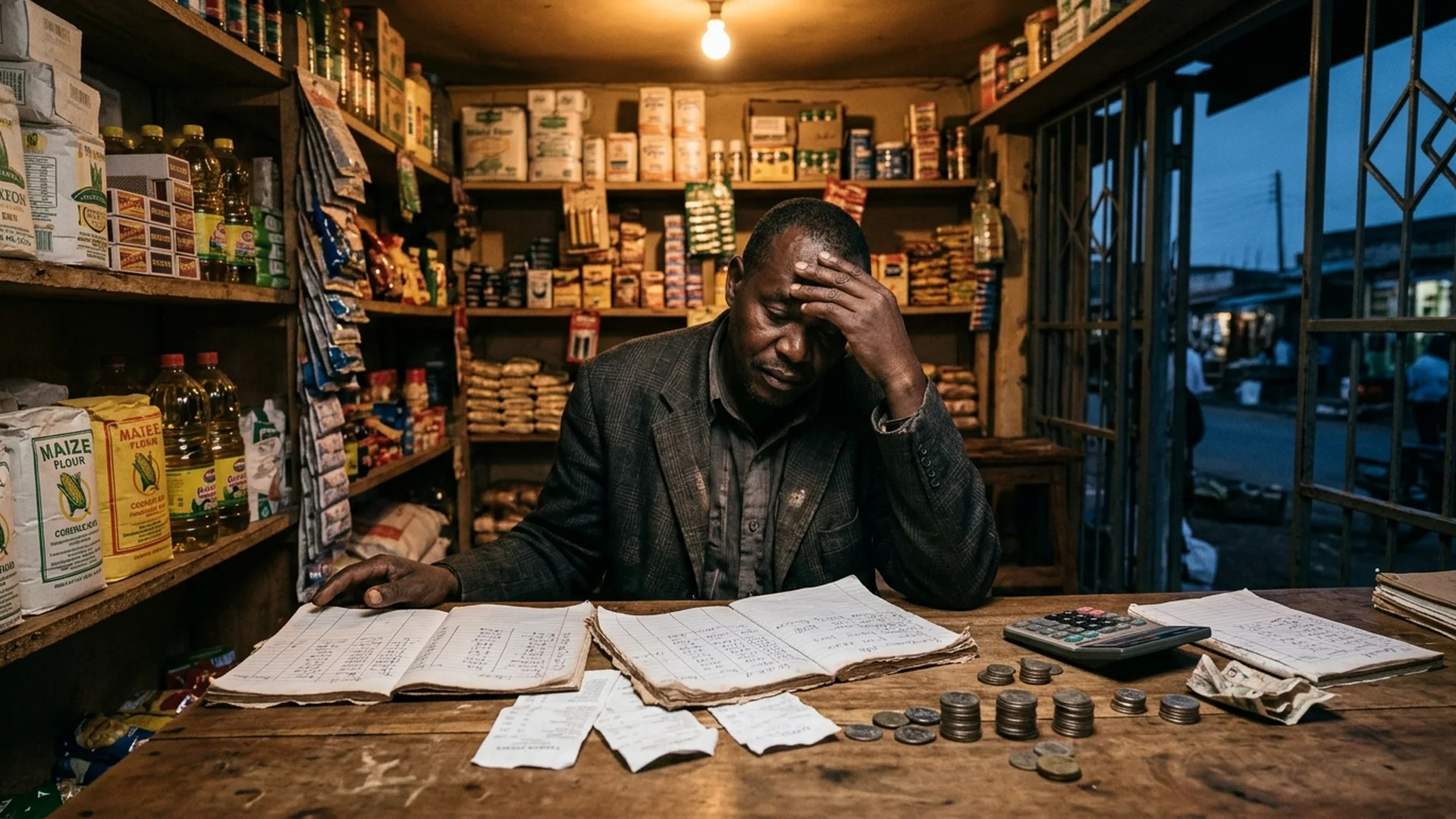 Kenyan shopkeeper working through manual counter notebooks and calculators after trading hours