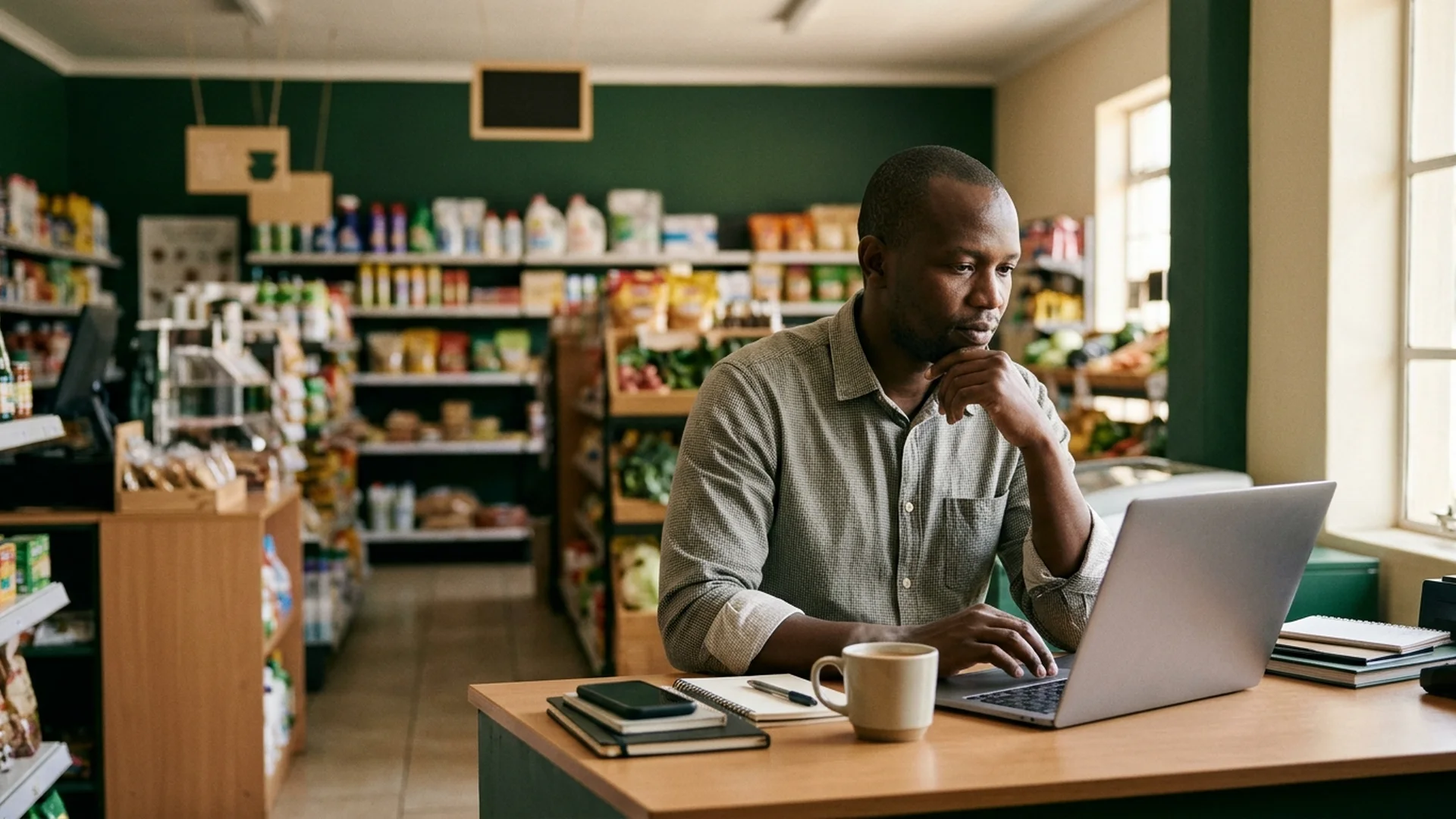 Shop owner reviewing daily sales summaries and business records on a laptop