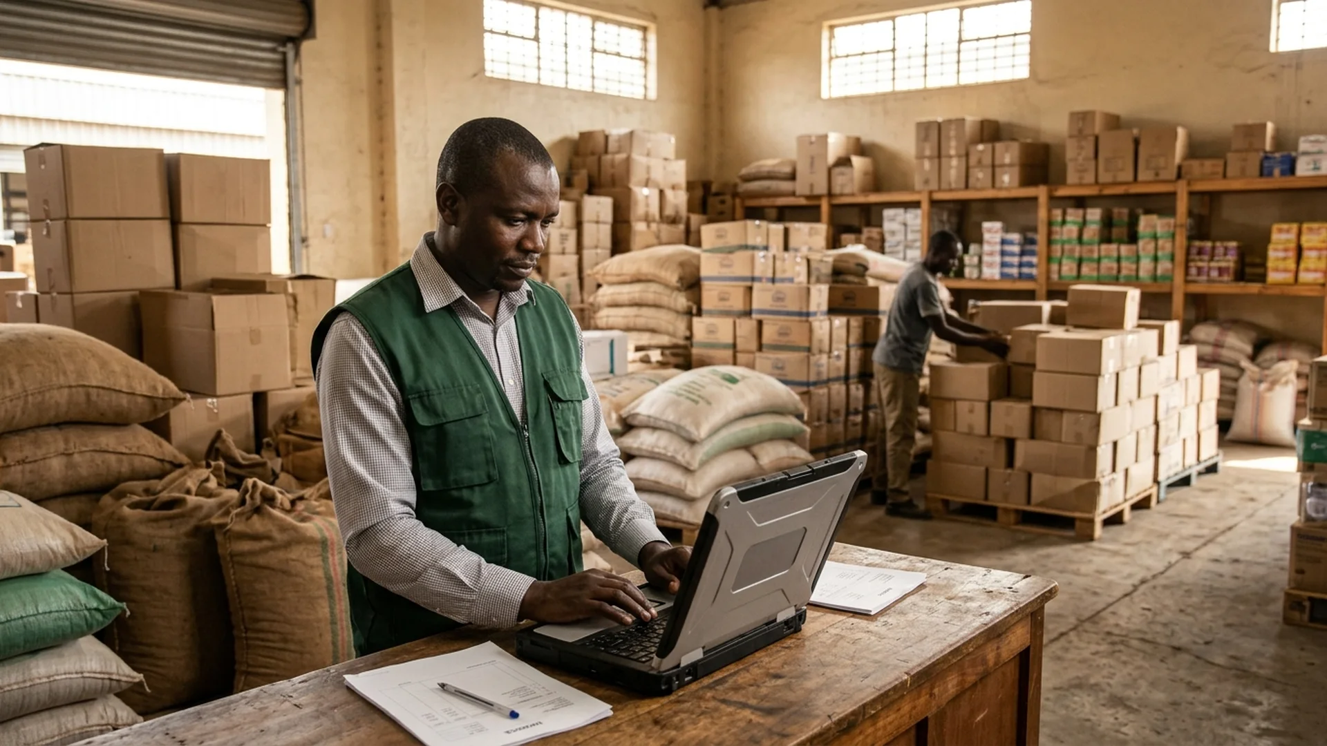 Merchant receiving bulk inventory cartons with structured catalog records